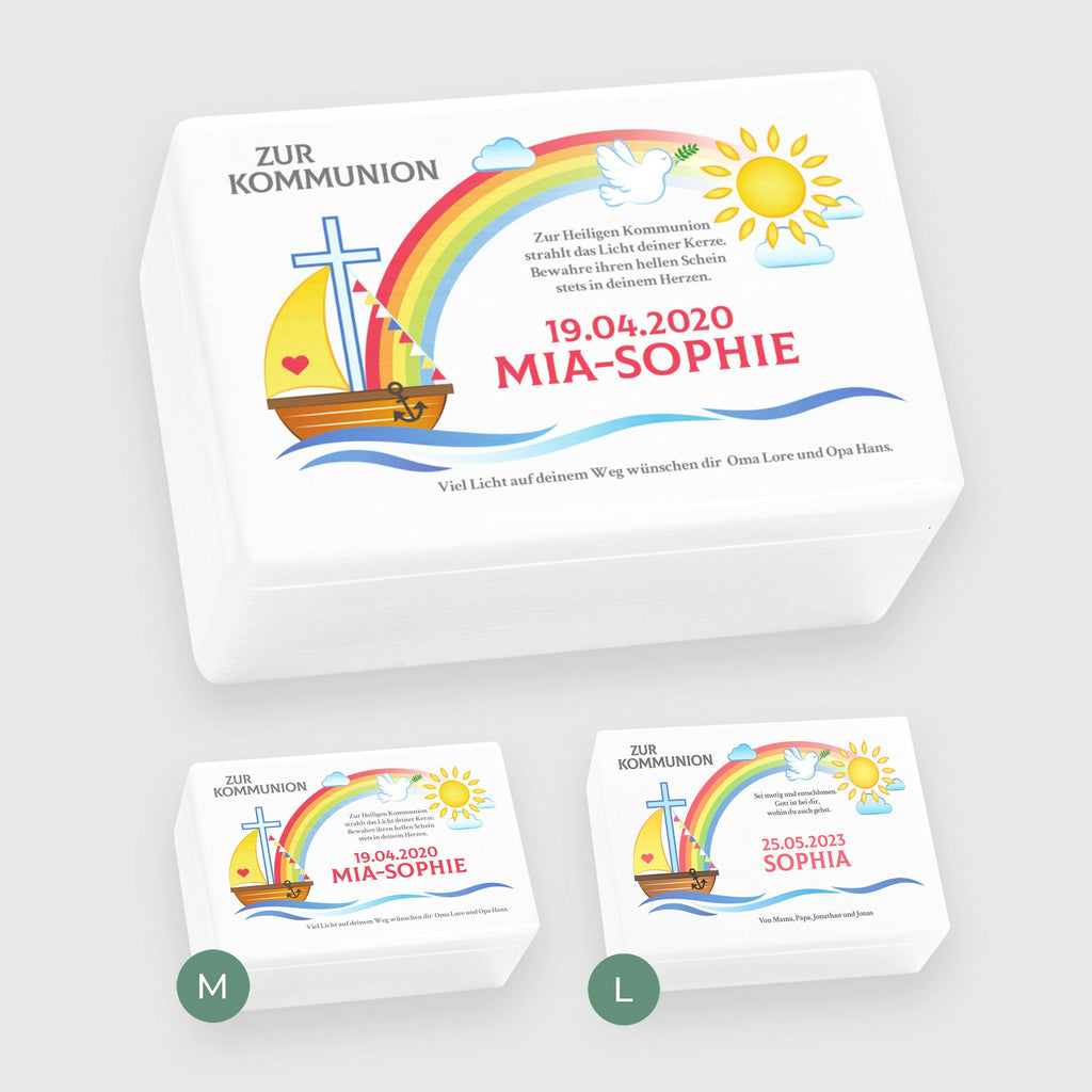 Holzkiste zur Kommunion - Personalisiert - Regenbogen Motiv - Weiß.