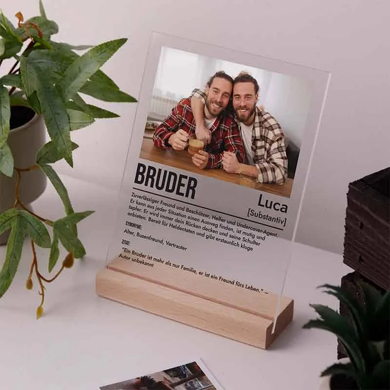 Design Glas Bild mit Foto Acrylglas & Drei Holzsockel | Definition Bruder - Image 8