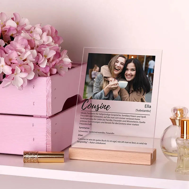 Design Glas Bild mit Foto Acrylglas, Drei Holzsockel | Definition Cousine - Image 2