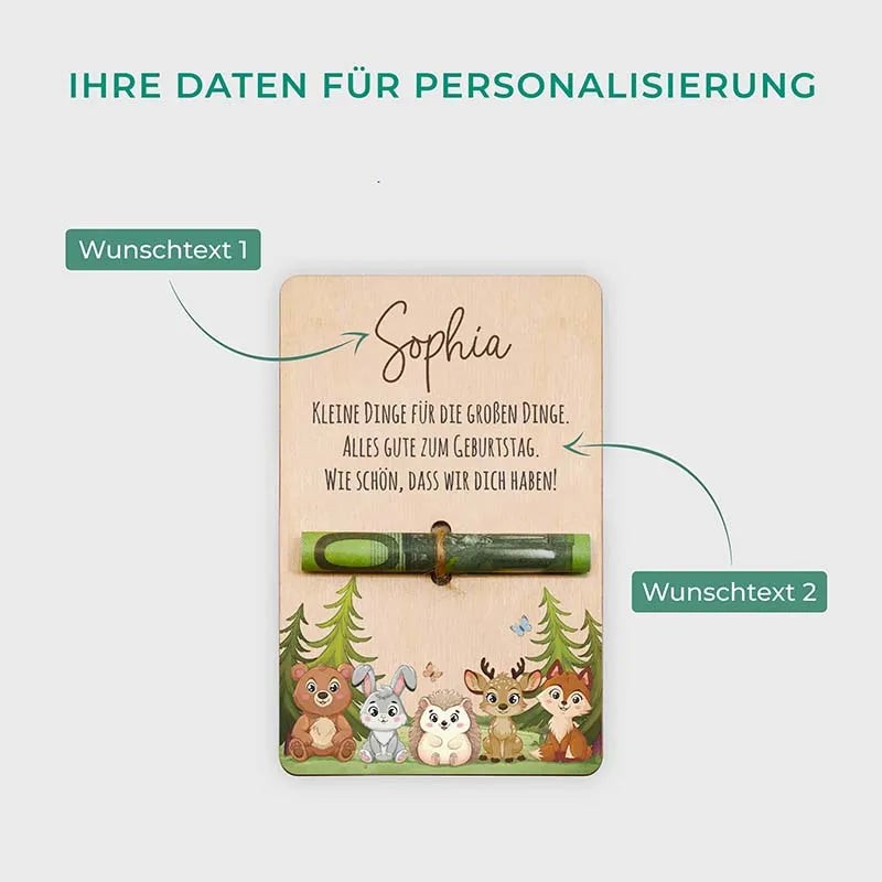 Personalisierte Geldgeschenke Verpackung als Gutschein aus Holz - Waldtiere - Image 3