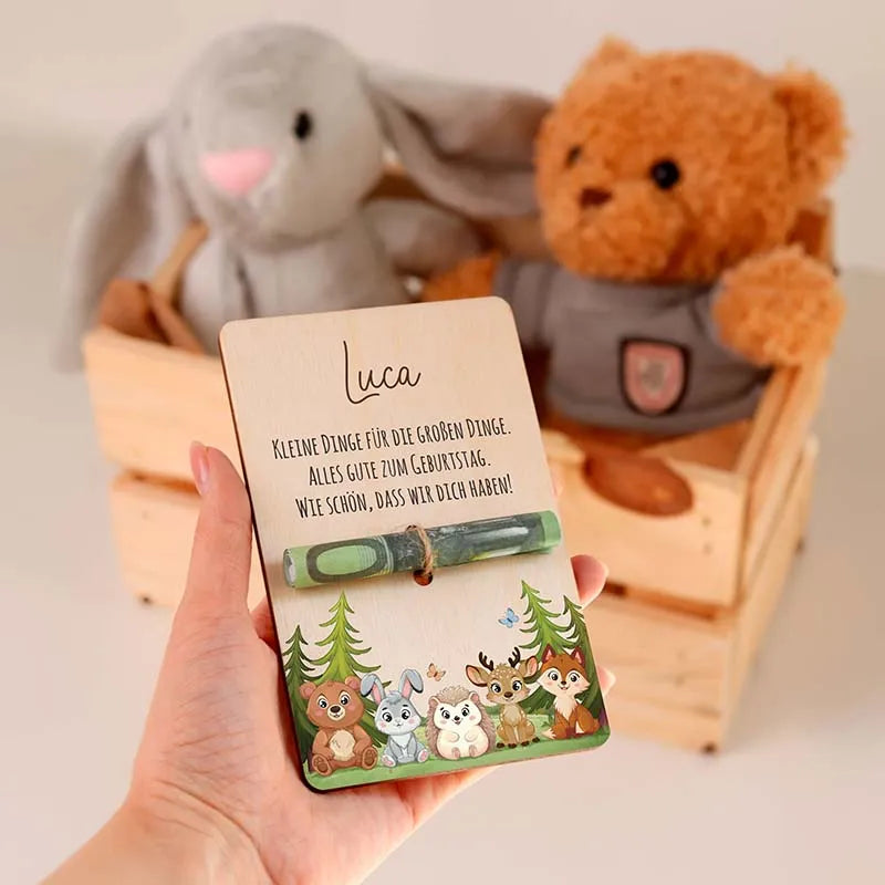 Personalisierte Geldgeschenke Verpackung als Gutschein aus Holz - Waldtiere - Image 4