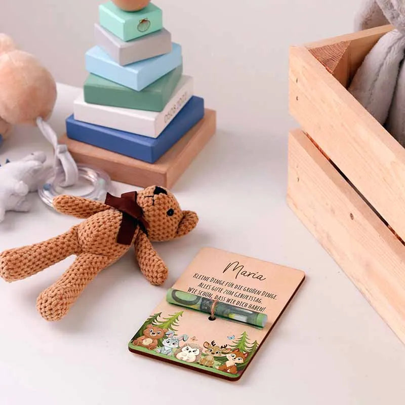 Personalisierte Geldgeschenke Verpackung als Gutschein aus Holz - Waldtiere - Image 6
