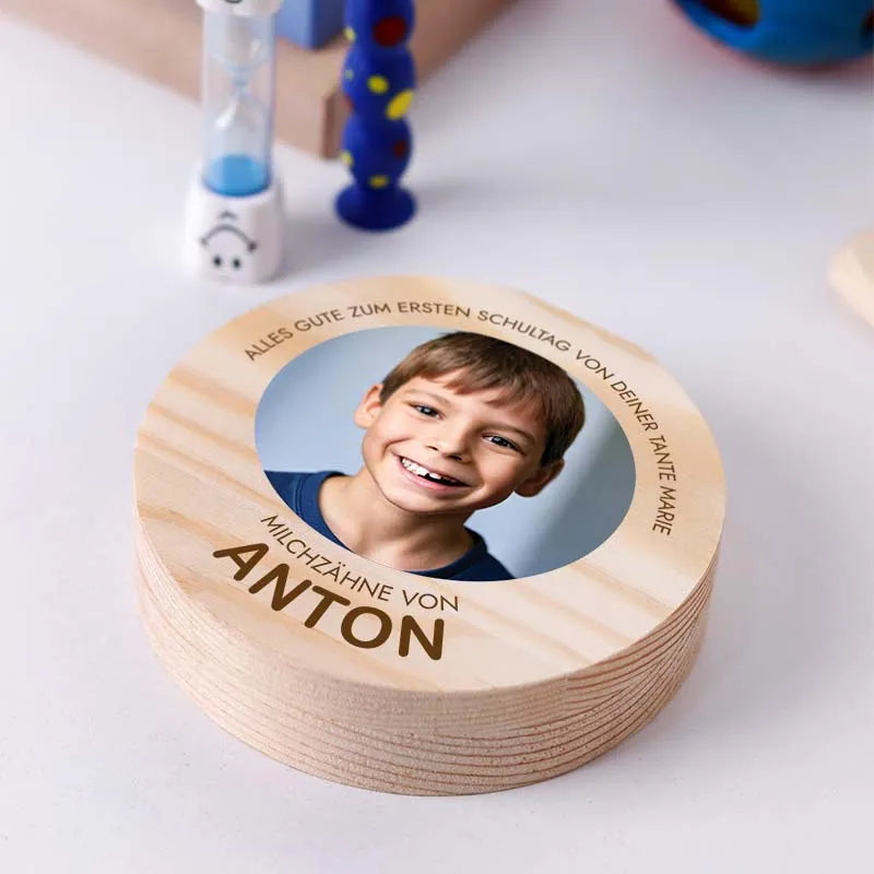 milchzähne richtig aufbewahren Personalisierte Milchzahndose – Holzbox mit Foto & Namen
