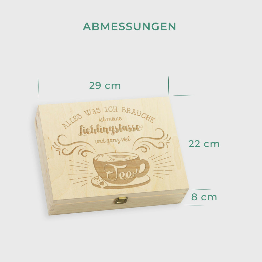 Teebox aus Holz natur - ca. 29 x 22 x 8 cm groß - Lieblingstasse Motiv - Teekiste für Teebeutel | 12 Fächer Kiste Box Organizer für Tee.