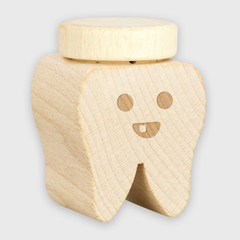 Milchzahndose in Form von Zahn mit Smiley Design - ca. 6 x 4 cm | Zahnbox als Zahnfee Geschenk für Jungen & Mädchen - Milchzahnbox & Zahndose aus Holz.