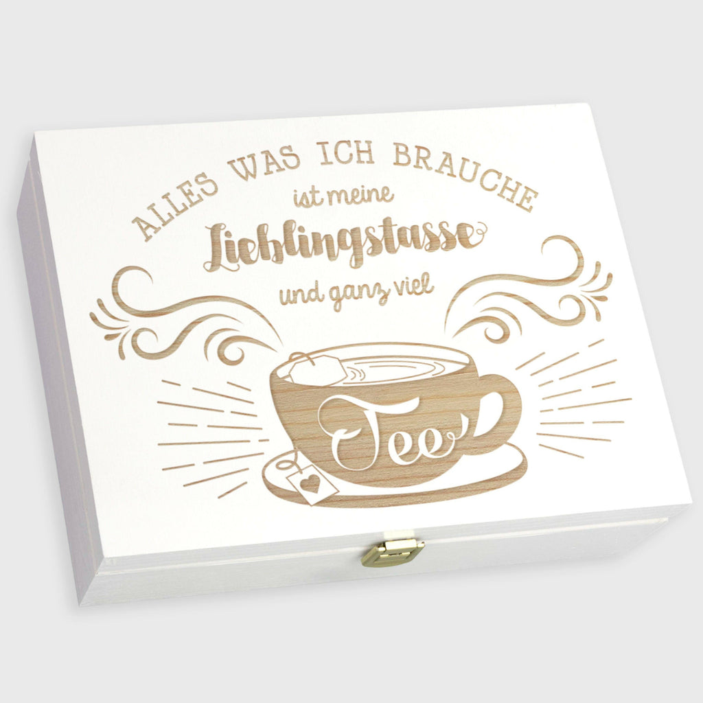 Teebox aus Holz weiß - ca. 29 x 22 x 8 cm groß - Lieblingstasse Motiv - Teekiste für Teebeutel | 12 Fächer Kiste Box Organizer für Tee.