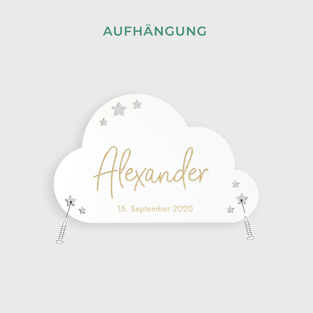 Schlummerlicht Baby mit Namen - Kinder Nachtlicht Personalisiert - Niers Wolke | LED Holz Lampe weiß.