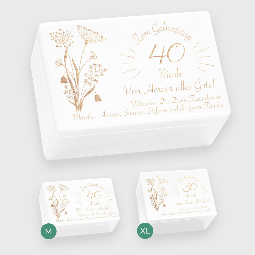 Holzkiste mit Gravur - Personalisiertes Geburtstagsgeschenk - Blumen Motiv - Weiß.