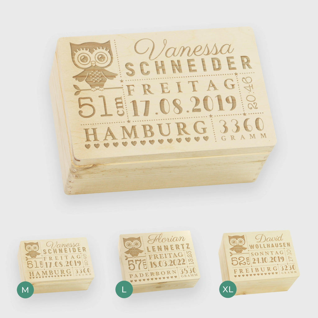 Geburtskiste - Personalisiert - Eulen-Baby Motiv - Natur.