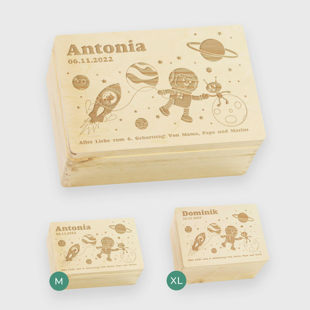 Holzkiste mit Gravur - Personalisiert - Weltall Motiv - Natur.