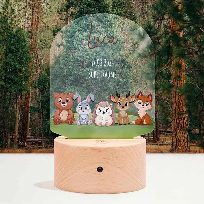 LED Kinder Nachtlicht - Personalisiert - Schlummerlicht Baby mit Namen | Waldtiere 3D Lampe - Image 1