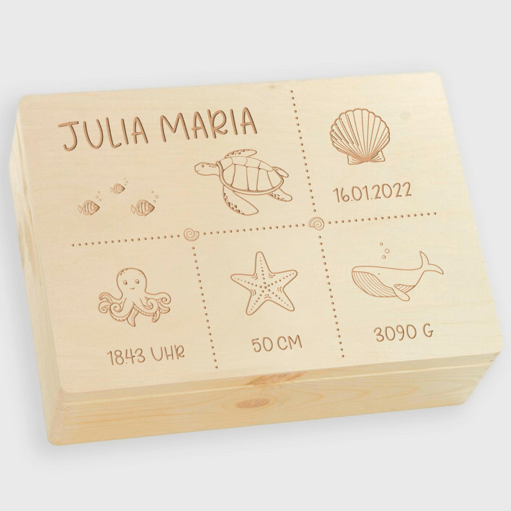Holzkiste mit Gravur - Personalisiert - Meerestiere Motiv - Ocean Serie - Natur.