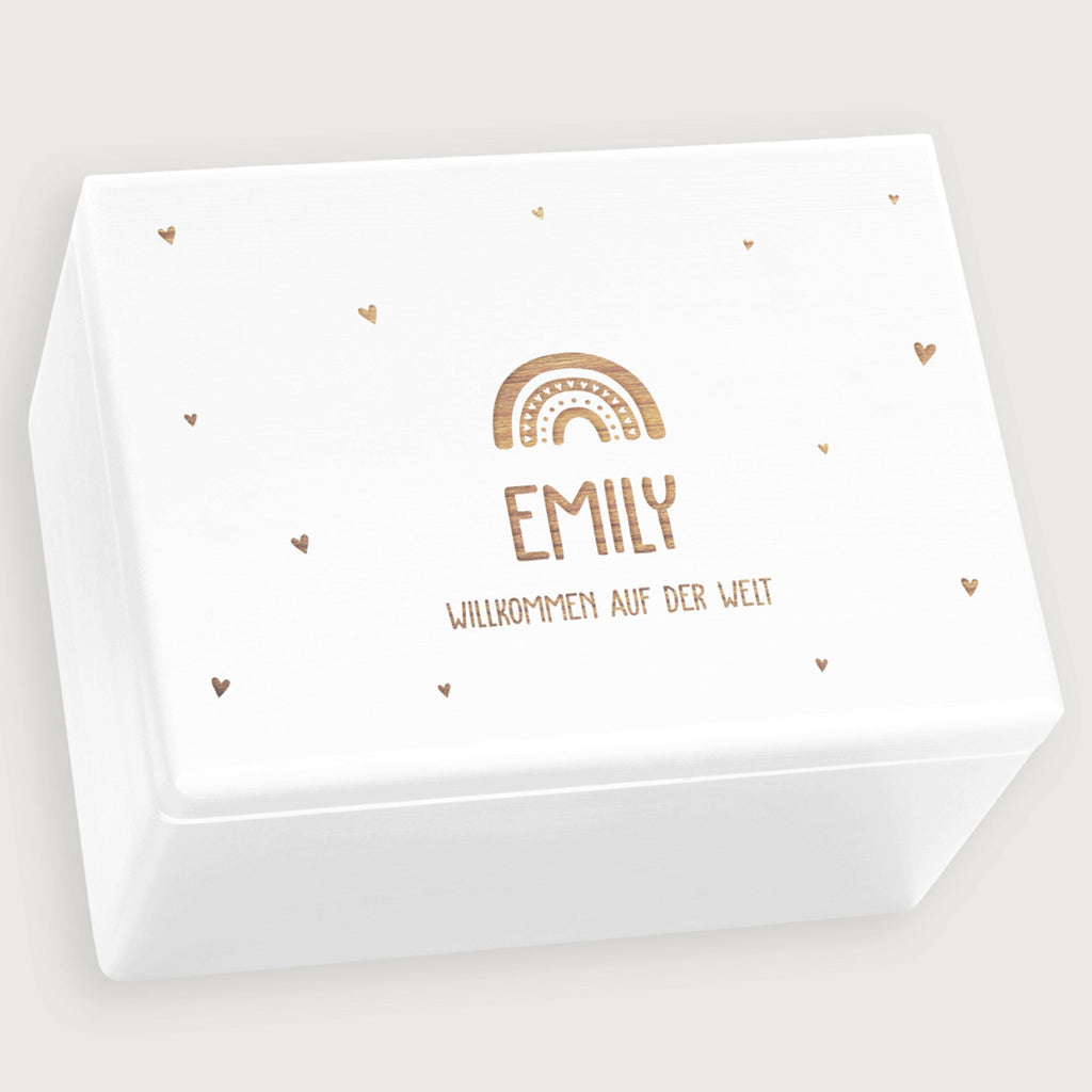 Baby Geschenk Erinnerungsbox - Regenbogen & Herzen - Holzbox Weiß Personalisiert, FSC® | Memory Box zur Geburt - Kiste aus Holz M | L | XL.