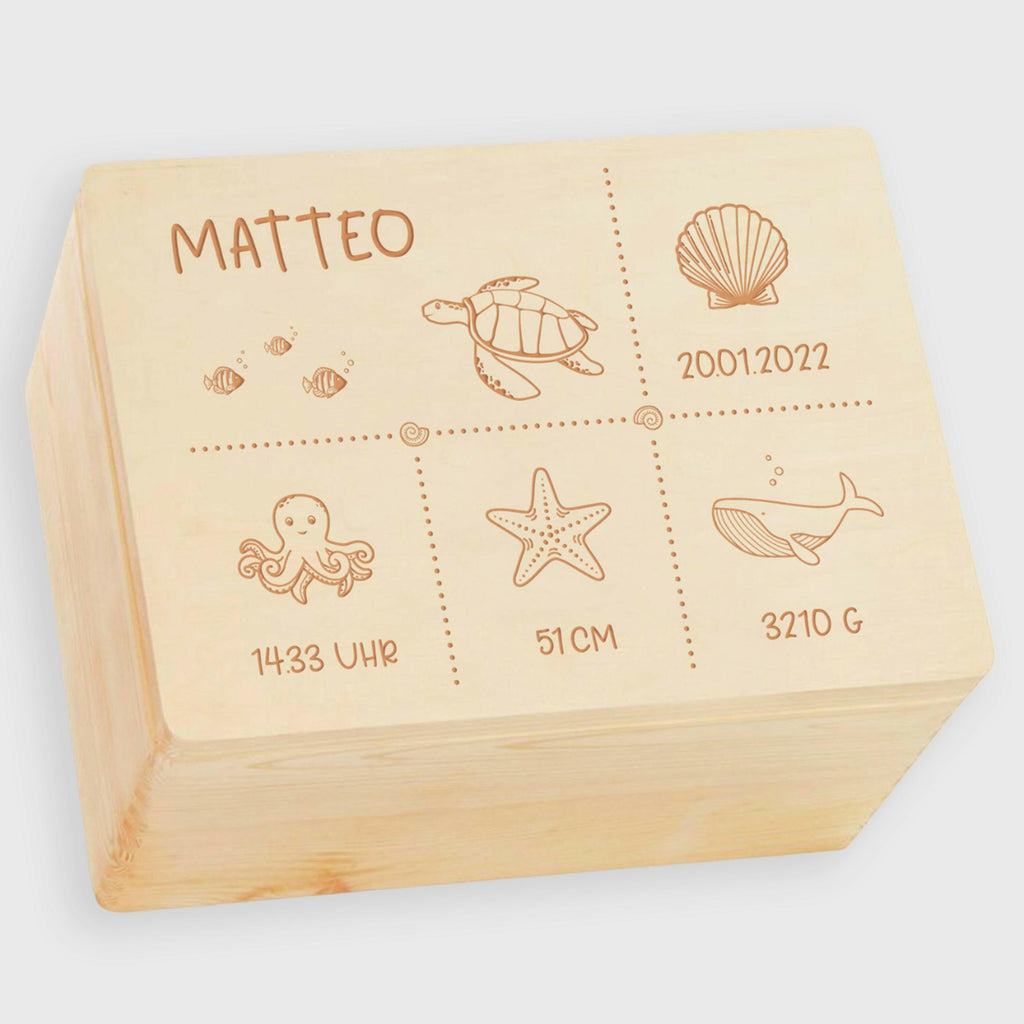 Holzkiste mit Gravur - Personalisiert - Meerestiere Motiv - Ocean Serie - Natur.