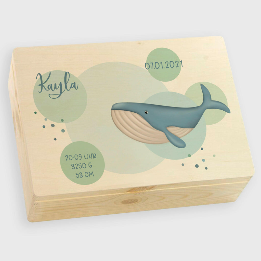 Erinnerungsbox für Baby - Wal & Ozean - Holzkiste zur Geburt - Natur, FSC® | Personalisierte Erinnerungskiste als Geschenk, Babykiste - M & L.