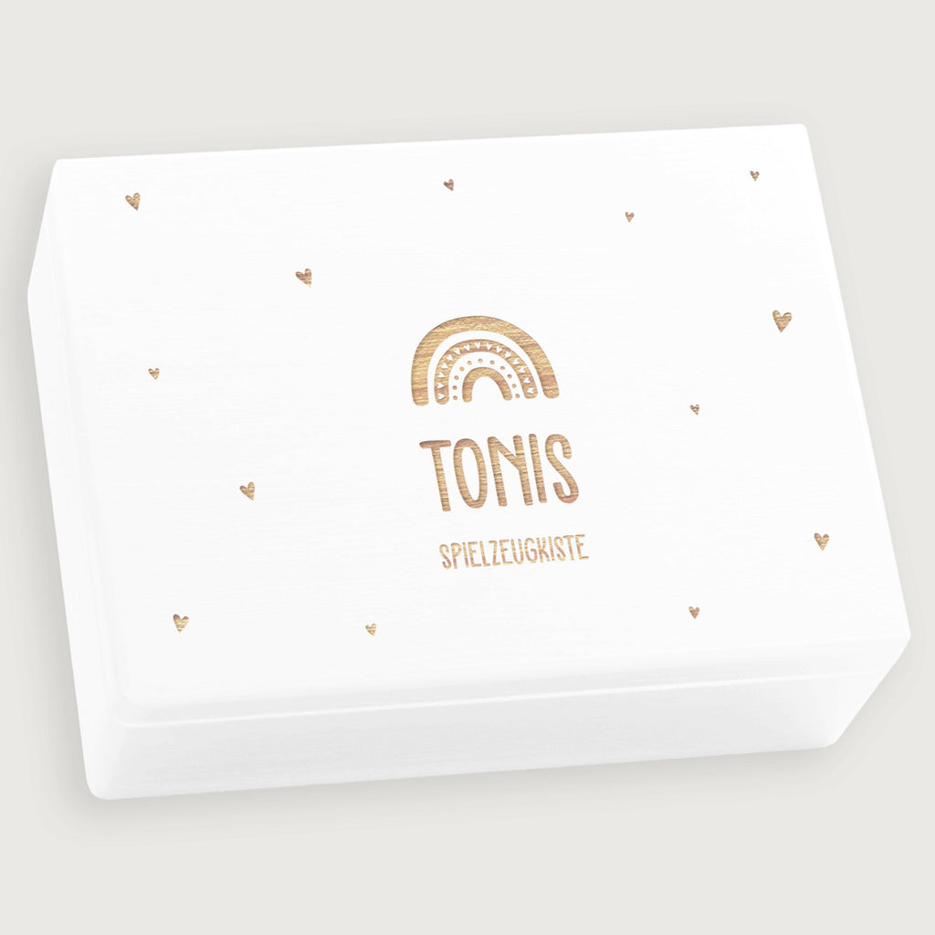 Baby Geschenk Erinnerungsbox - Regenbogen & Herzen - Holzbox Weiß Personalisiert, FSC® | Memory Box zur Geburt - Kiste aus Holz M | L | XL.