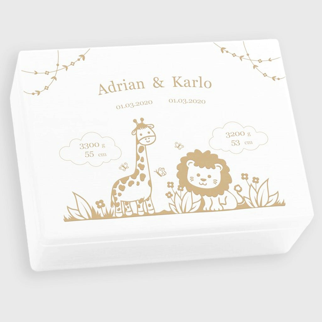 Erinnerungsbox für zwei Kinder - Personalisiert - Dschungel Serie - Weiß.