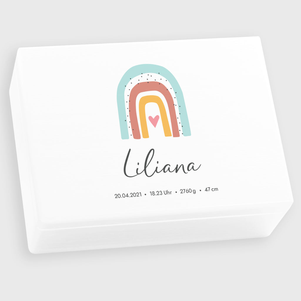 Erinnerungsbox für Baby - Regenbogen & Name - Holzkiste zur Geburt - Weß, FSC®️ | Personalisierte Erinnerungskiste als Geschenk, Babykiste - M & L.