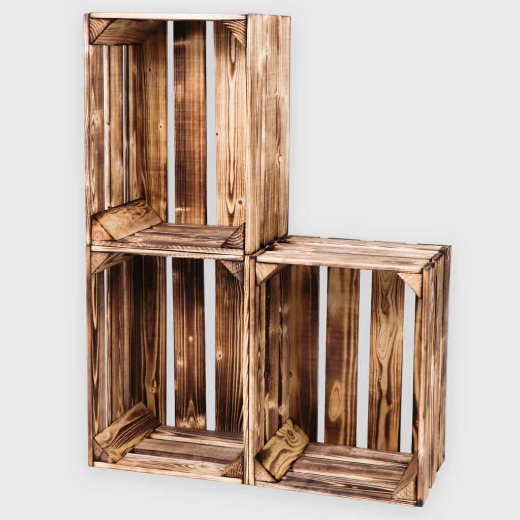 Holzkisten braun - Weinkisten Geflammt - 3er Set Obstkiste Vintage | Deko Kisten aus Holz - Holzkiste Weinkiste klein & groß - Größen M | L | XL.