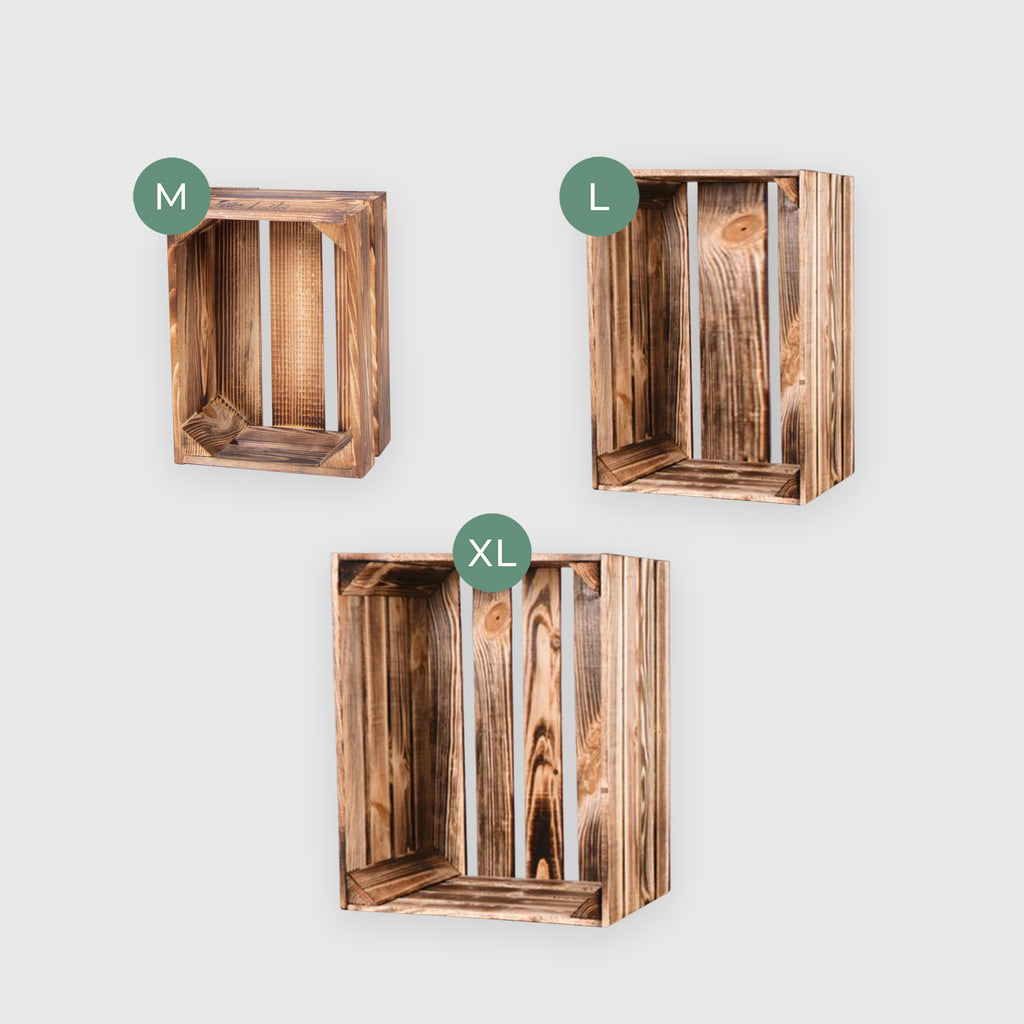 Holzkisten braun - Weinkisten Geflammt - 3er Set Obstkiste Vintage | Deko Kisten aus Holz - Holzkiste Weinkiste klein & groß - Größen M | L | XL.