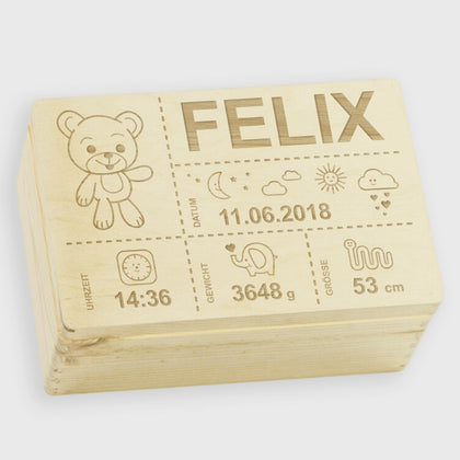 Erinnerungsbox für Baby - Teddybär - Holzkiste zur Geburt - Natur, FSC®️ | Personalisierte Erinnerungskiste als Geschenk, Babykiste - S | M | L | XL.