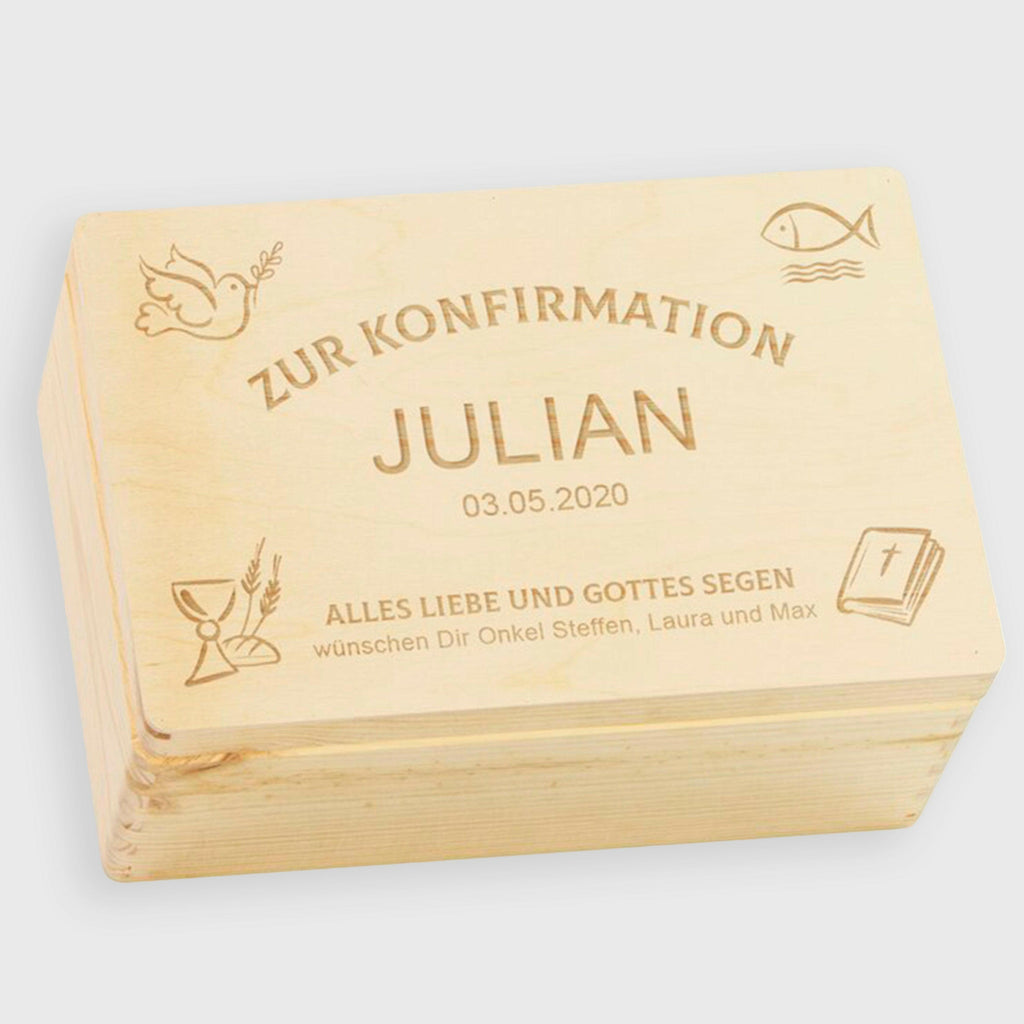 Personalisierte Erinnerungsbox zur Konfirmation - Kirchen Symbole - Holzkiste Geschenk zur Konfirmation.