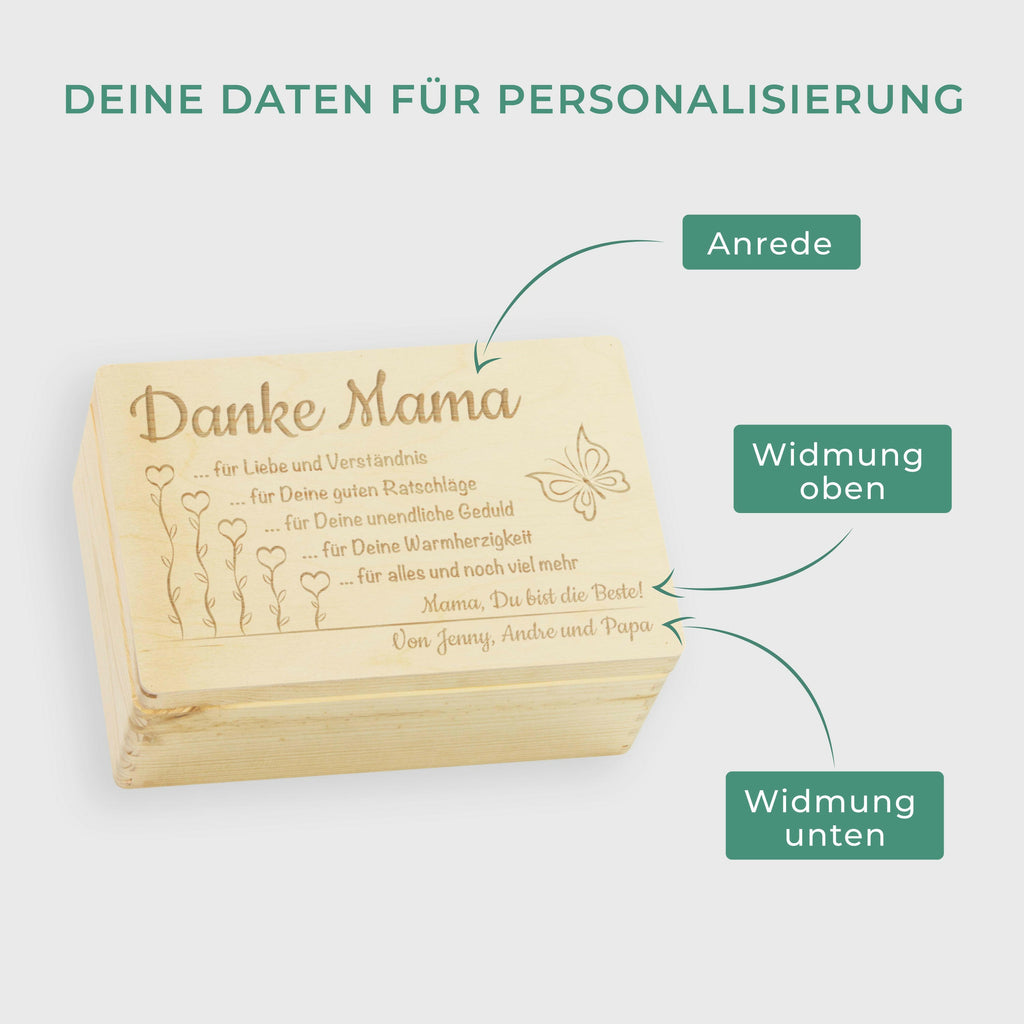 Personalisierte Geschenkbox für Ihre Mutter - "Danke Mama" Erinnerungskiste.