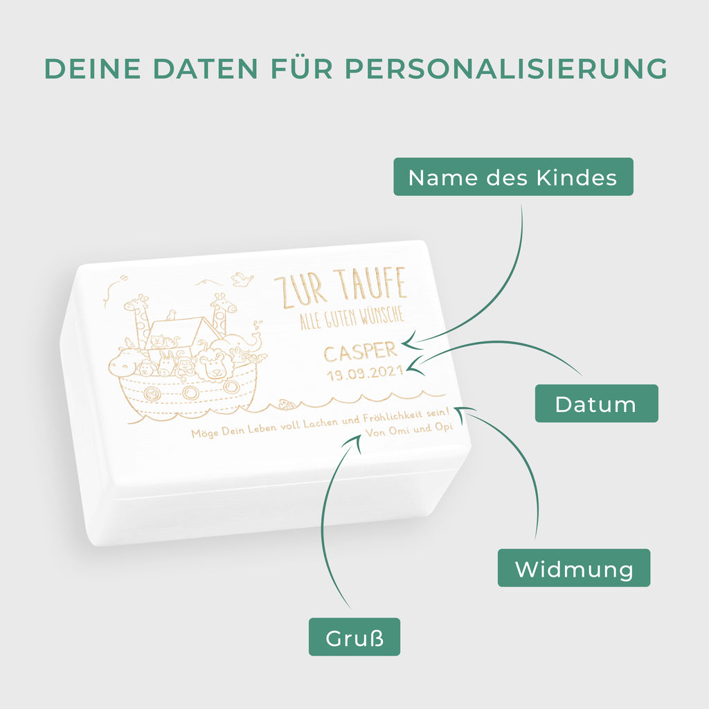 Personalisierte Erinnerungsbox als Taufgeschenk - Arche Noah Gravur - Weiß, FSC® | Erinnerungskiste als Geschenk zur Taufe für Junge & Mädchen.