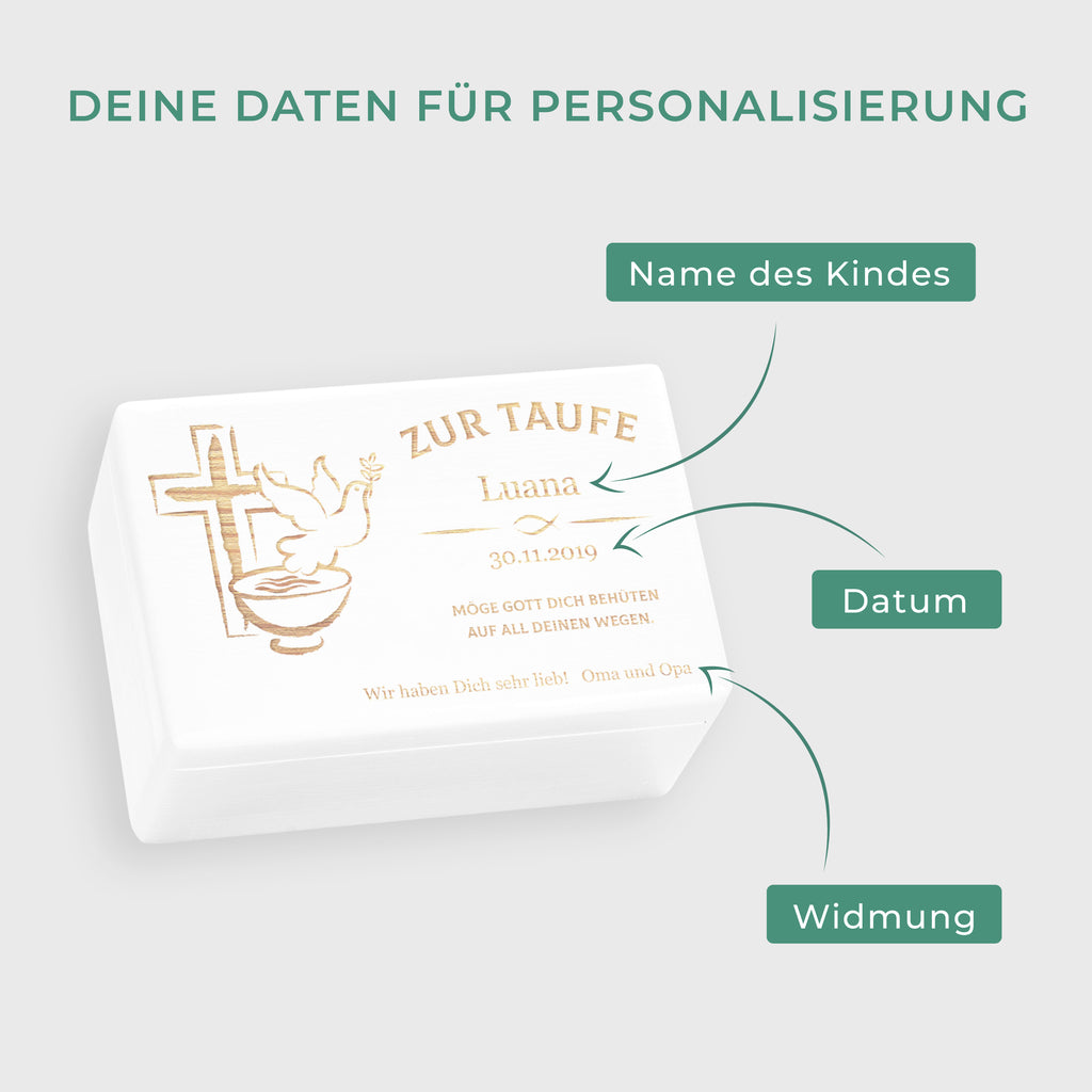 Personalisierte Erinnerungsbox als Taufgeschenk - Friedenstaube - Weiß, FSC® | Erinnerungskiste Geschenk zur Taufe für Baby von Großeltern & Paten.