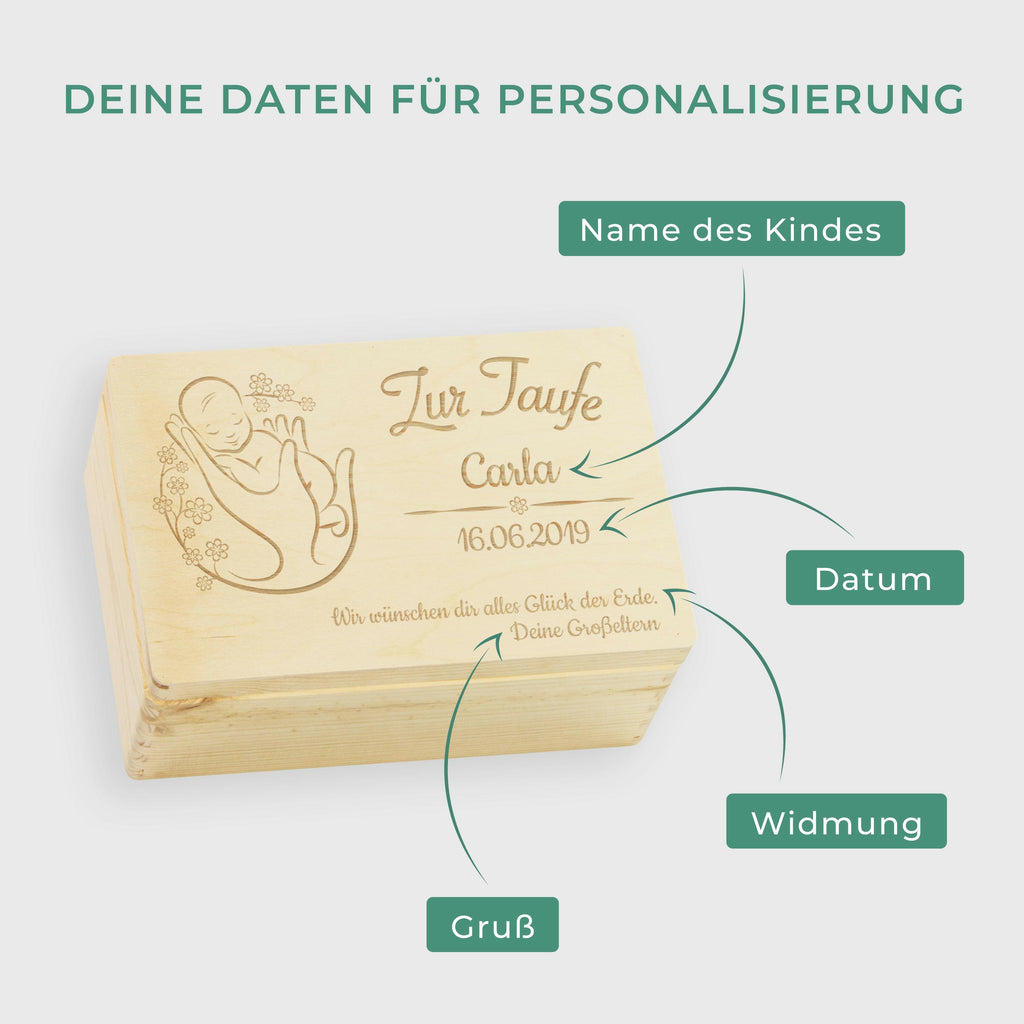 Personalisierte Erinnerungsbox als Taufgeschenk - Blumenbaby - Holzkiste, Natur, FSC® | Erinnerungskiste als Geschenk zur Taufe - Kiste aus Holz.