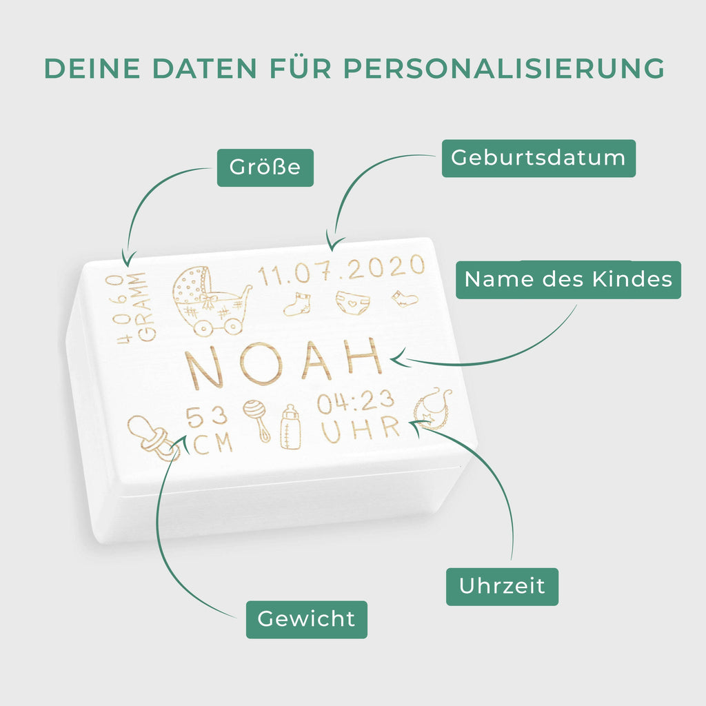 Erinnerungskiste zur Geburt - Personalisiert mit Namen - Rassel Motiv - Weiß.