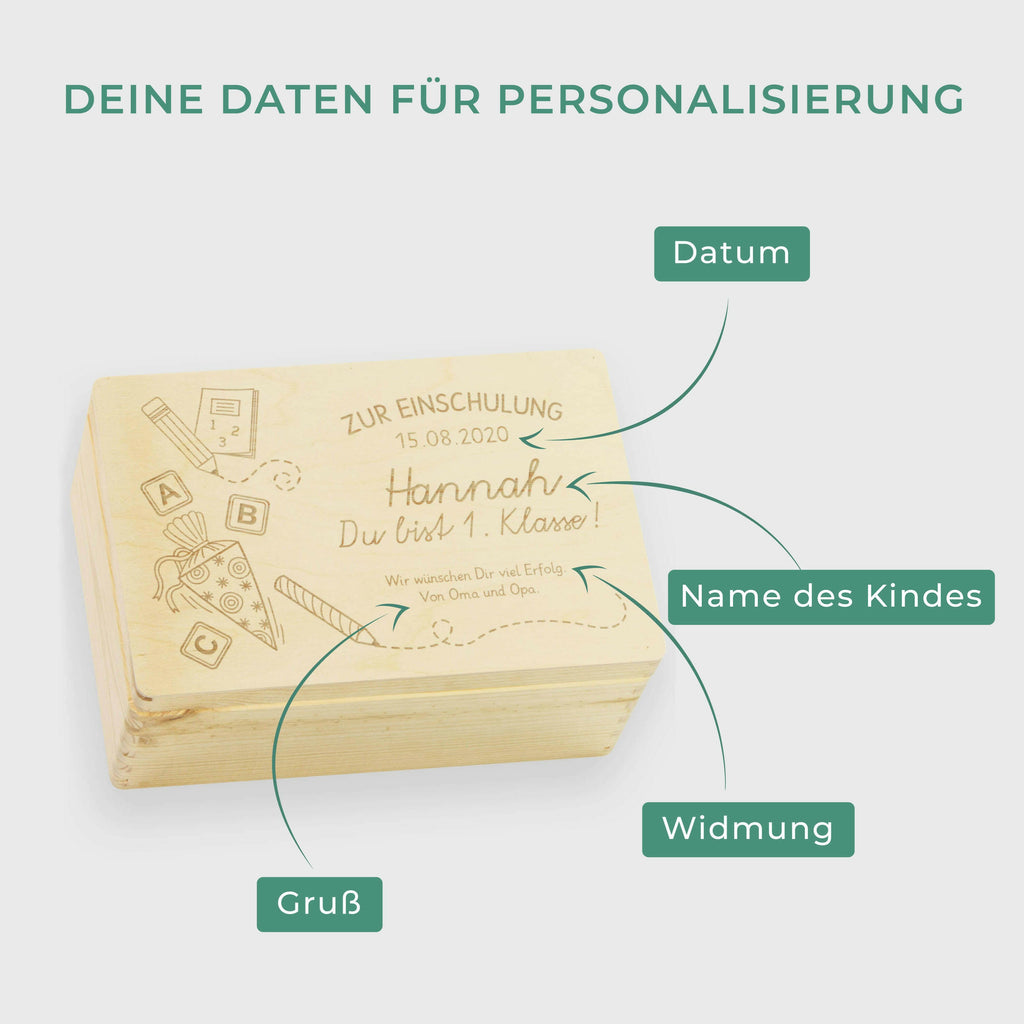 Erinnerungskiste - Schultüte mit Name & Datum - Erinnerungsbox Natur FSC® | Geschenk zur Einschulung, Schulanfang & Schulstart für Jungen & Mädchen.