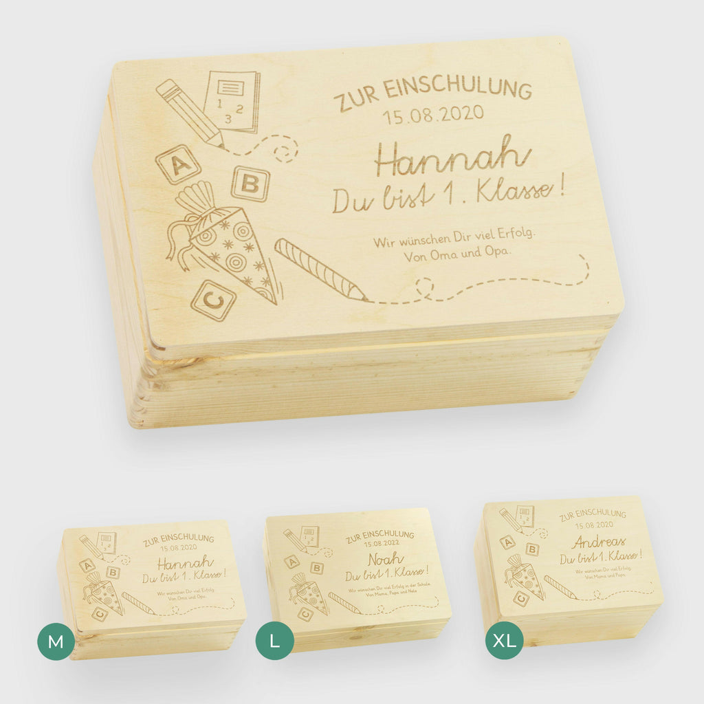 Erinnerungskiste - Schultüte mit Name & Datum - Erinnerungsbox Natur FSC® | Geschenk zur Einschulung, Schulanfang & Schulstart für Jungen & Mädchen.