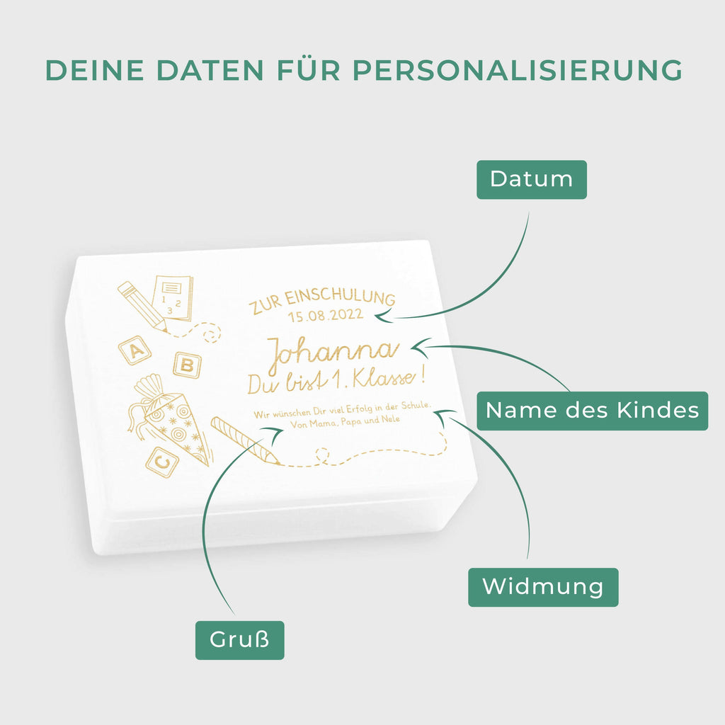 Erinnerungskiste - Schultüte mit Name & Datum - Erinnerungsbox Weiß FSC® | Geschenk zur Einschulung, Schulanfang & Schulstart für Jungen & Mädchen.