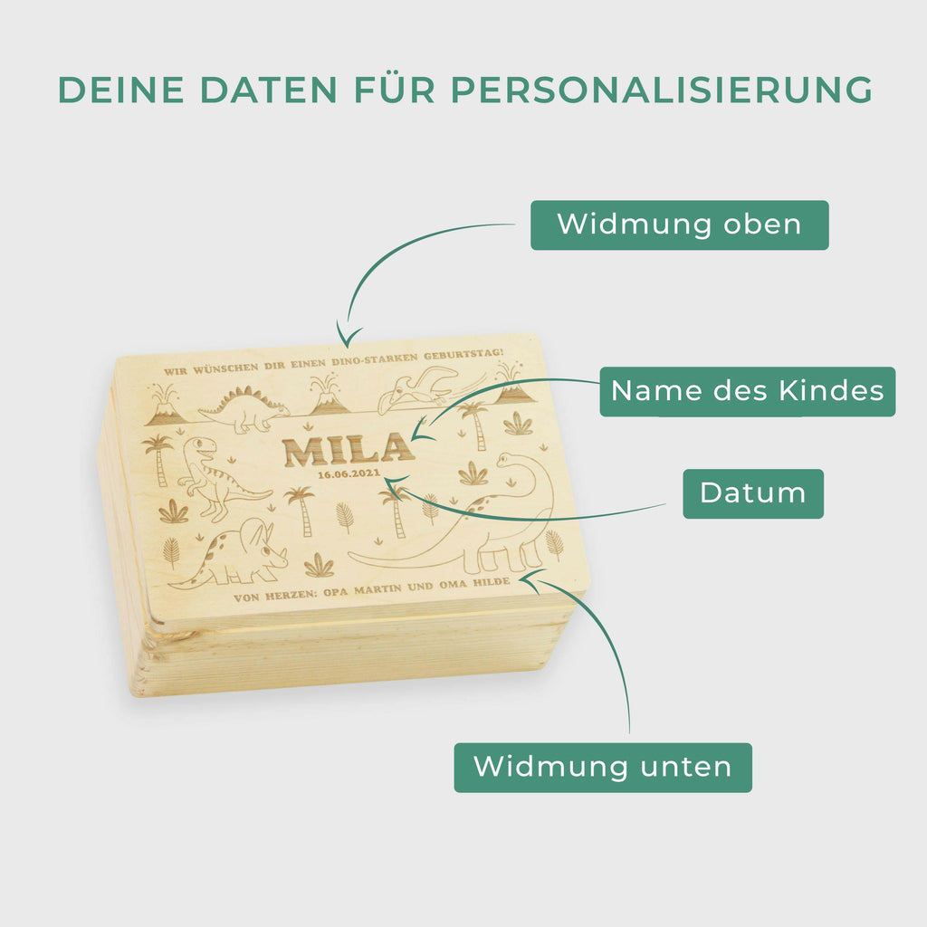 Holzkiste zur Spielzeugaufbewahrung - Personalisiert - Dino Motiv - Natur.