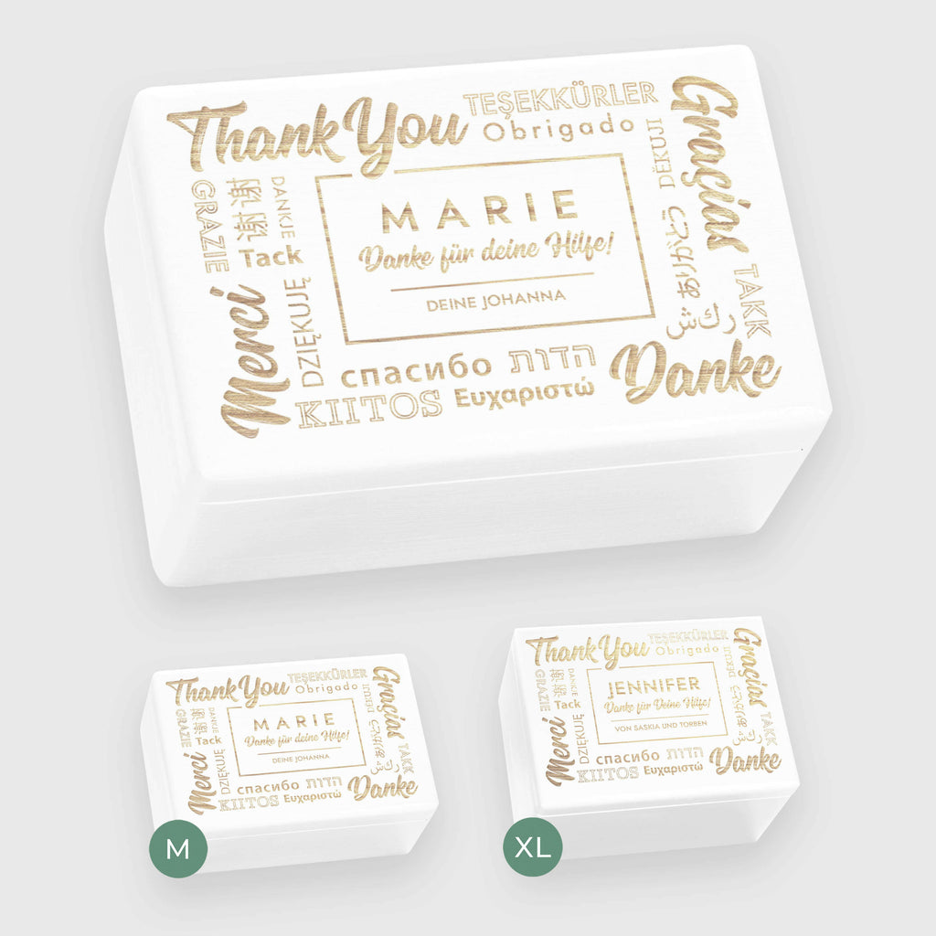 Holzkiste mit Gravur - Personalisiert - Danke Motiv - Weiß.