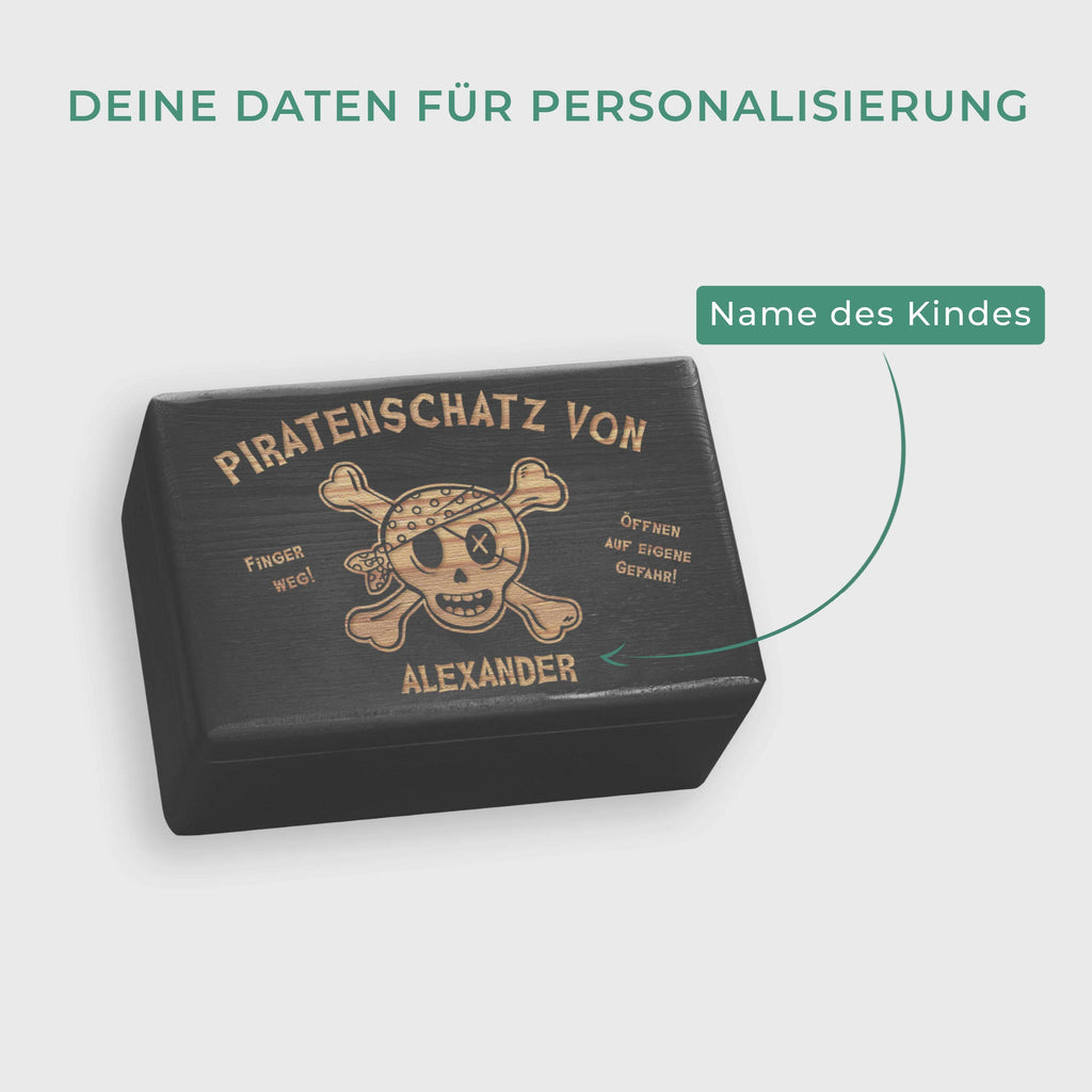 Holzkiste mit Gravur - Personalisiert - Piratenschatz Motiv für Kinder - Schwarz.
