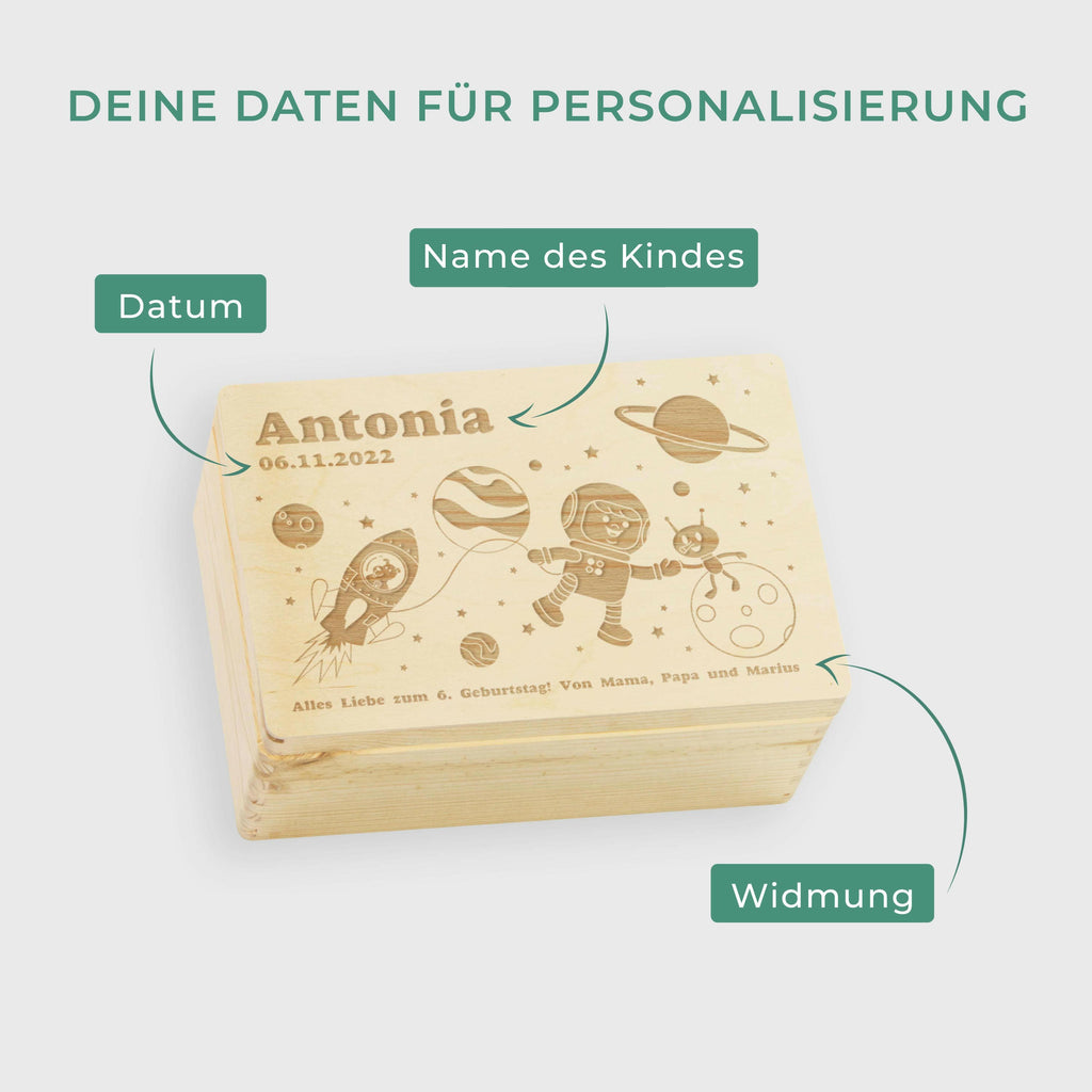 Holzkiste mit Gravur - Personalisiert - Weltall Motiv - Natur.