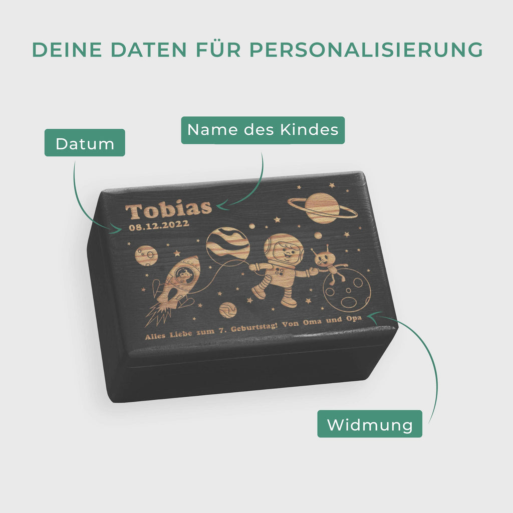Personalisierte Spielzeugkiste - Weltall Motiv - Schwarz.
