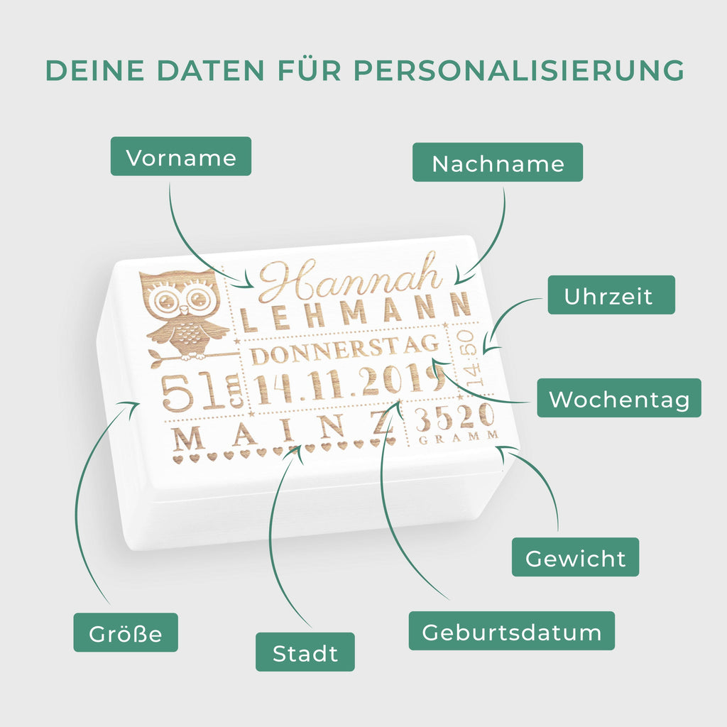 Holzkiste zur Geburt - Personalisiert - Eulen-Baby Motiv - Weiß.