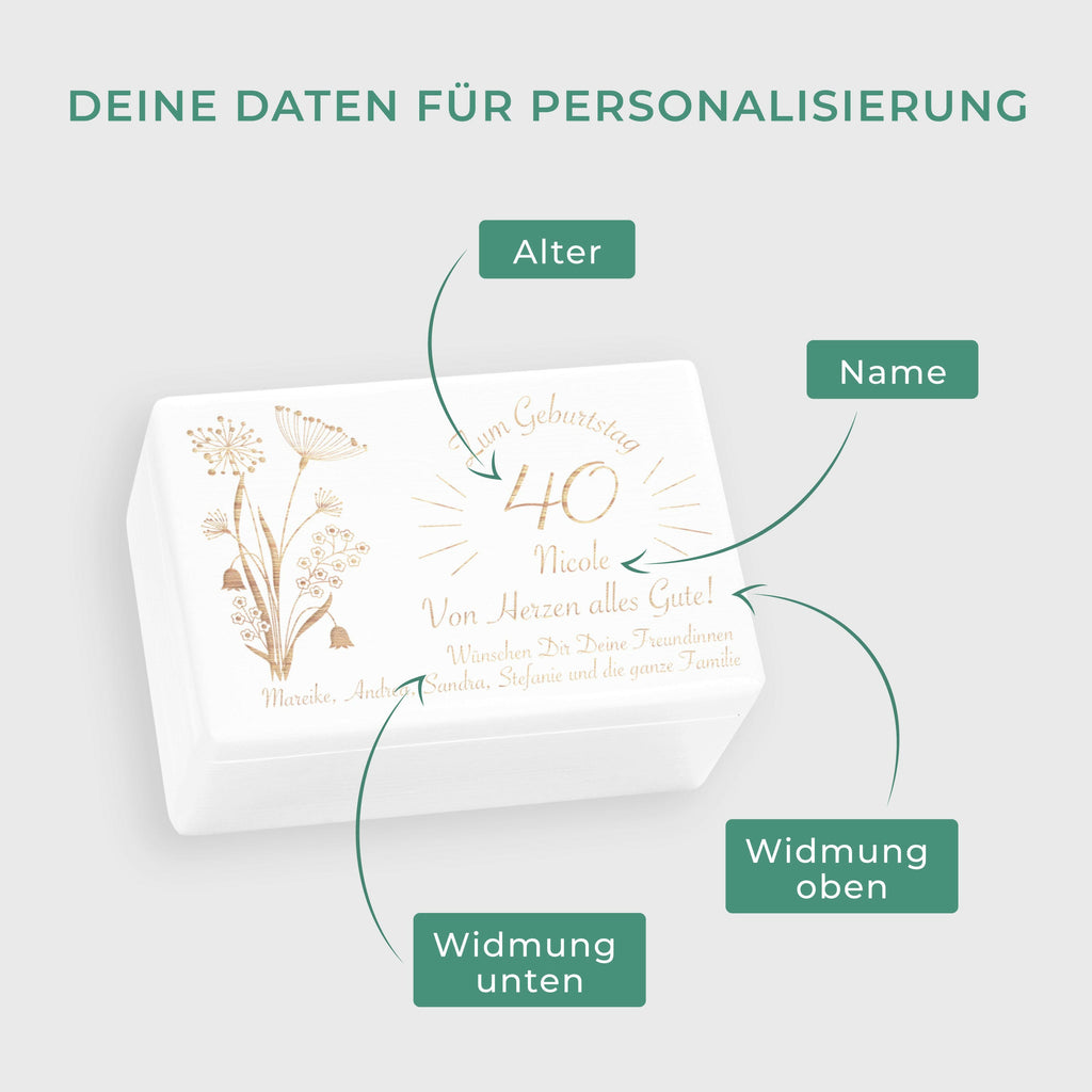 Holzkiste mit Gravur - Personalisiertes Geburtstagsgeschenk - Blumen Motiv - Weiß.