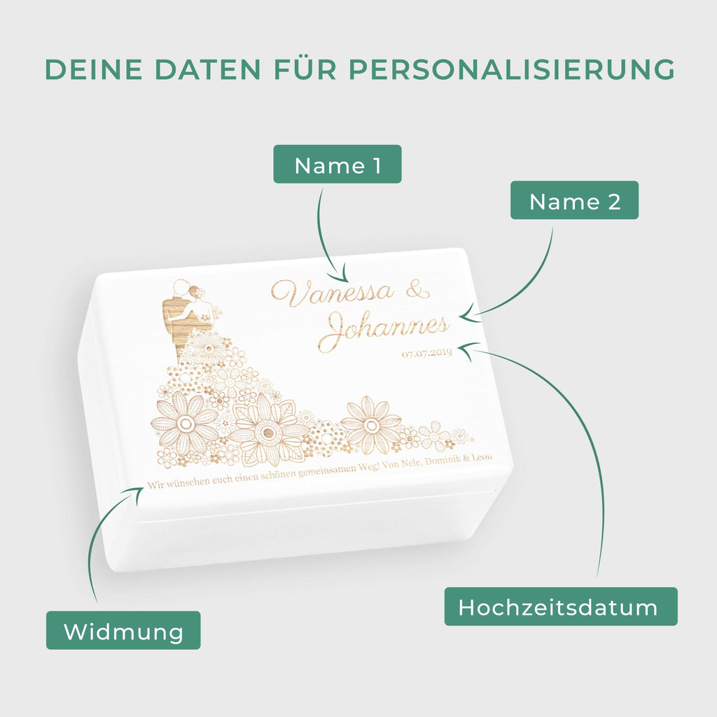 Erinnerungsbox zur Hochzeit - Blumenkleid - Hochzeitskiste personalisiert mit Gravur - Holzkiste Weiß, FSC®️ | Erinnerungskiste Holzbox Erinnerung.