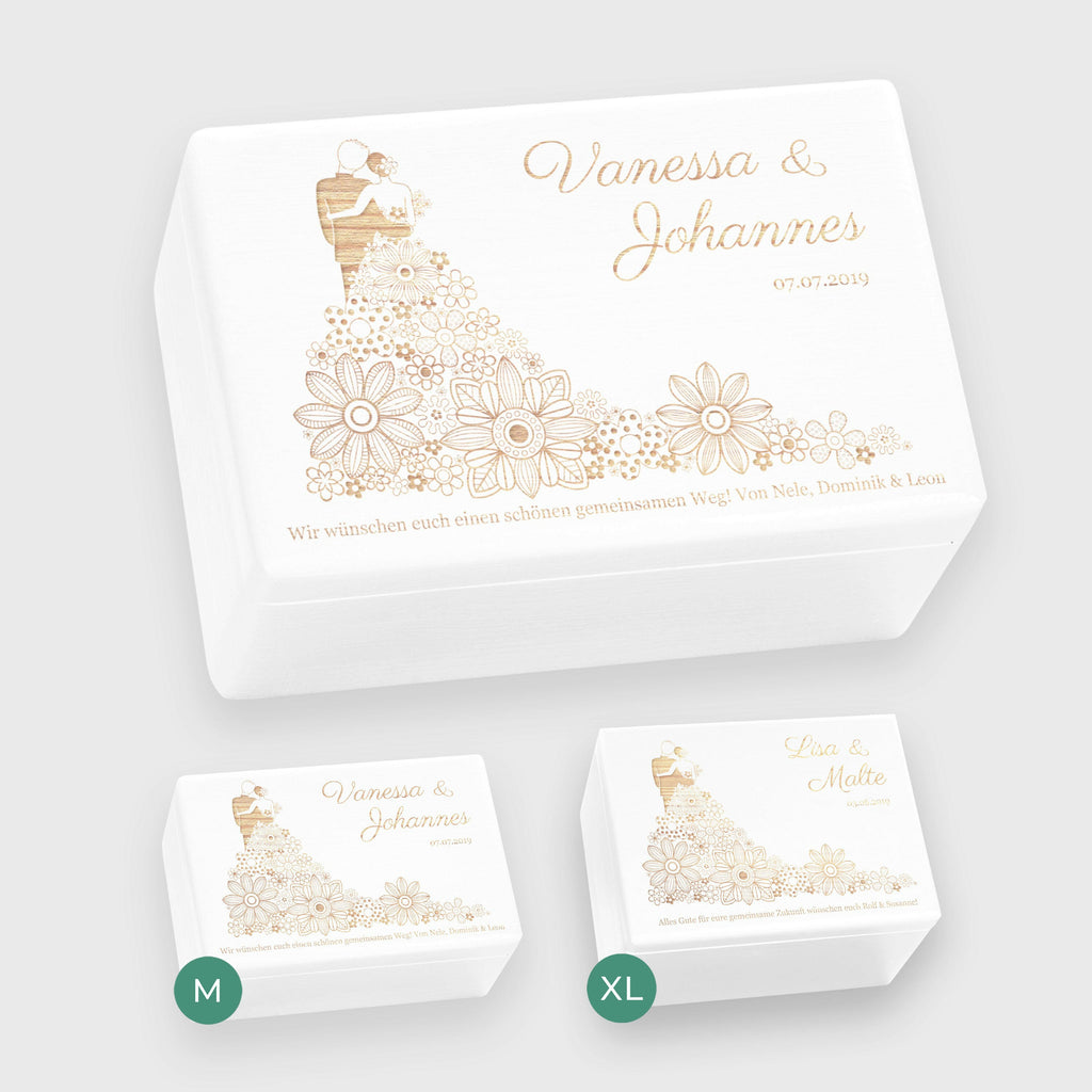 Erinnerungsbox zur Hochzeit - Blumenkleid - Hochzeitskiste personalisiert mit Gravur - Holzkiste Weiß, FSC®️ | Erinnerungskiste Holzbox Erinnerung.