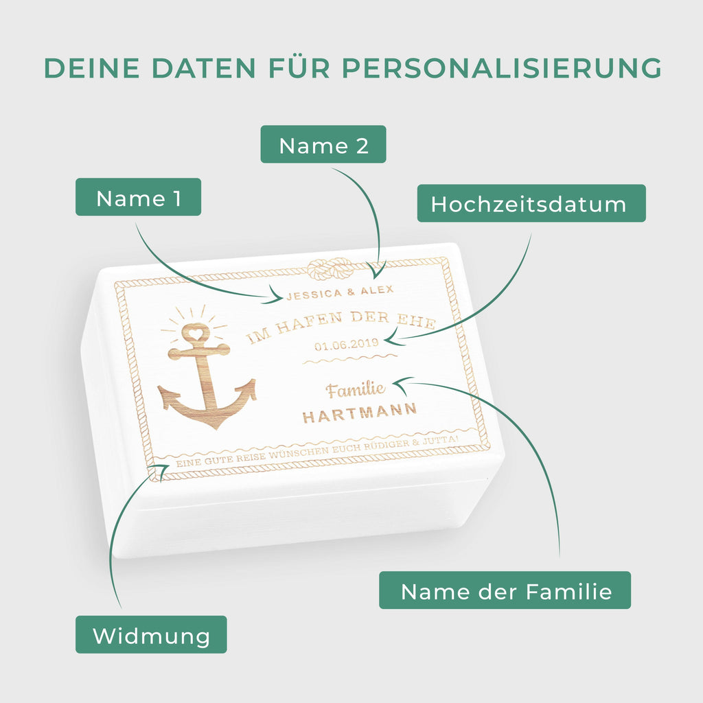 Erinnerungsbox zur Hochzeit - Hafen der Ehe - Hochzeitskiste personalisiert mit Gravur - Holzkiste Weiß, FSC®️ | Erinnerungskiste Holzbox Erinnerung.