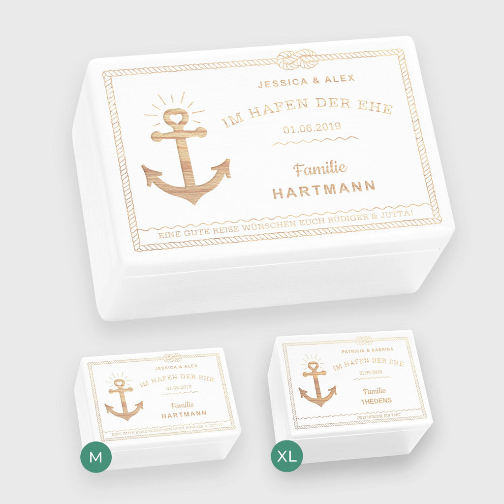 Erinnerungsbox zur Hochzeit - Hafen der Ehe - Hochzeitskiste personalisiert mit Gravur - Holzkiste Weiß, FSC®️ | Erinnerungskiste Holzbox Erinnerung.