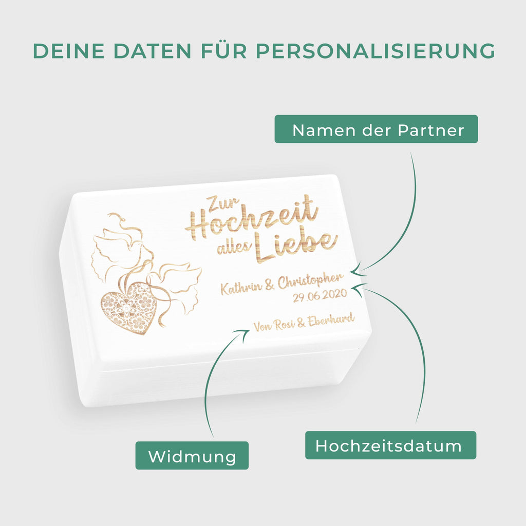 Erinnerungsbox zur Hochzeit - Turteltauben - Hochzeitskiste personalisiert mit Gravur - Holzkiste Weiß, FSC®️ | Erinnerungskiste Holzbox Erinnerung.