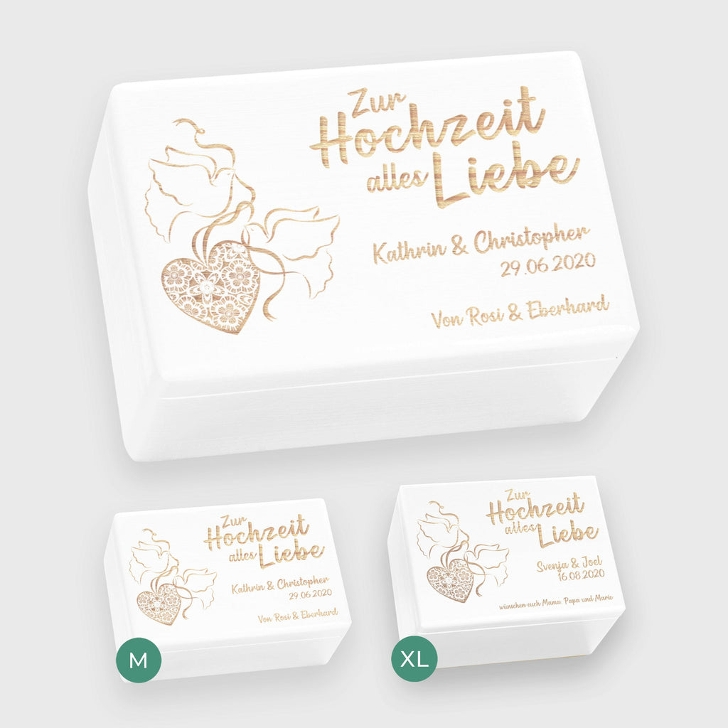 Erinnerungsbox zur Hochzeit - Turteltauben - Hochzeitskiste personalisiert mit Gravur - Holzkiste Weiß, FSC®️ | Erinnerungskiste Holzbox Erinnerung.