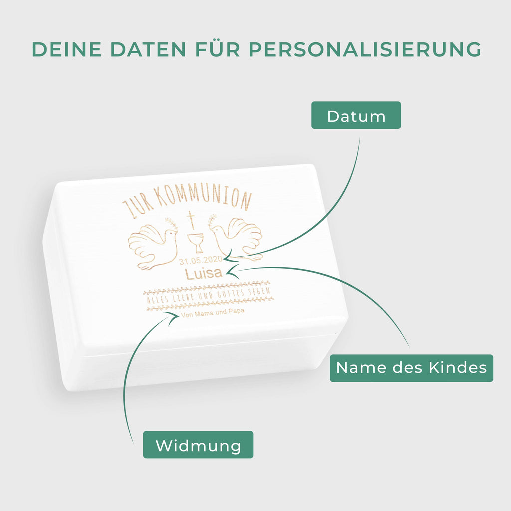 Erinnerungskiste zur Kommunion - Personalisiert - Tauben Motiv - Weiß.
