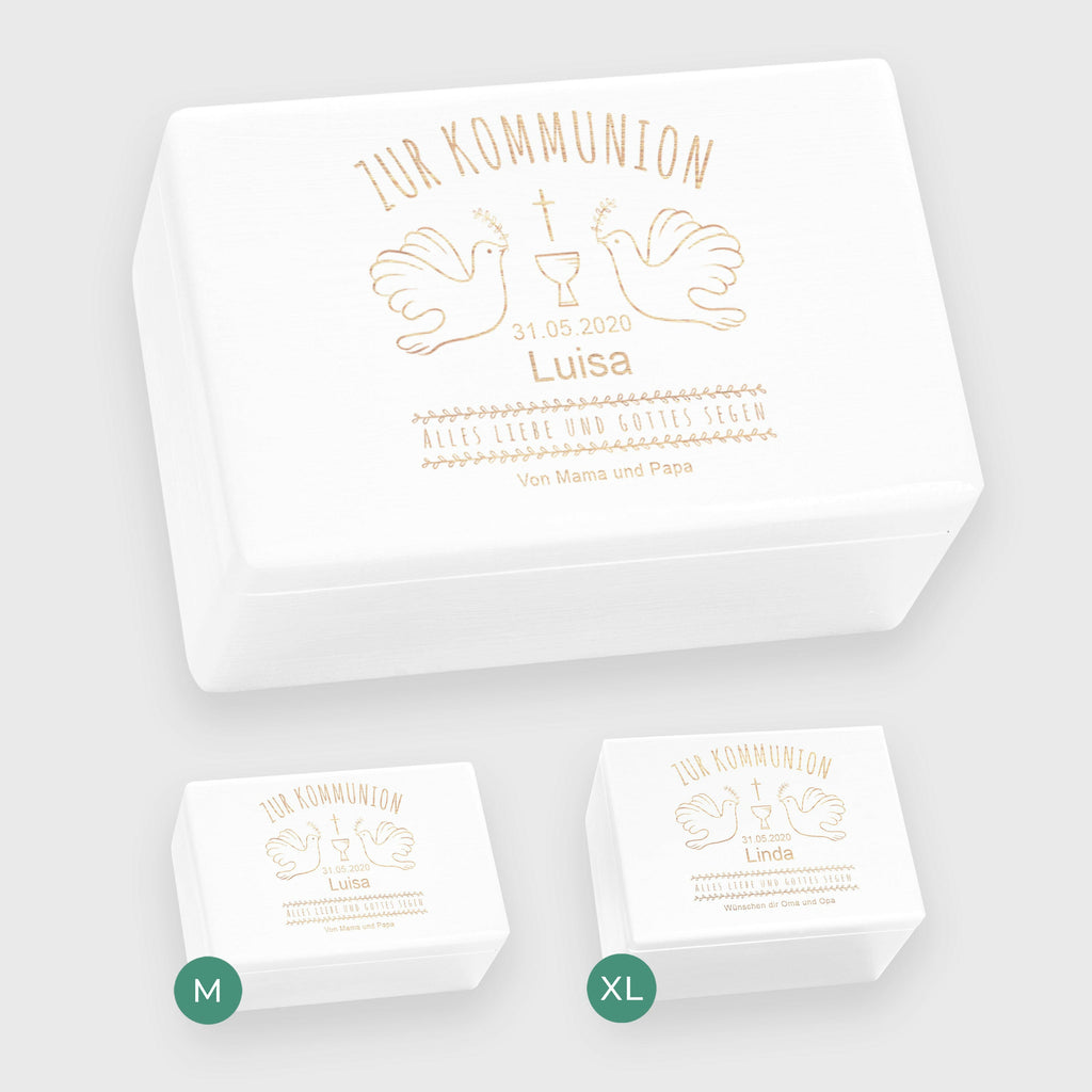 Erinnerungskiste zur Kommunion - Personalisiert - Tauben Motiv - Weiß.