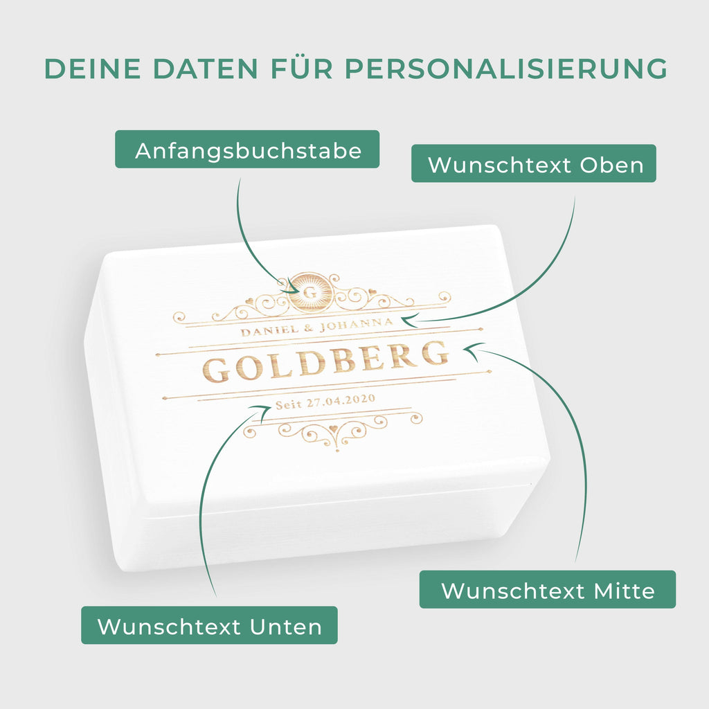 Erinnerungsbox zur Hochzeit - Ranken - Hochzeitskiste personalisiert mit Gravur - Holzkiste Weiß, FSC®️ | Erinnerungskiste Holzbox Erinnerung.
